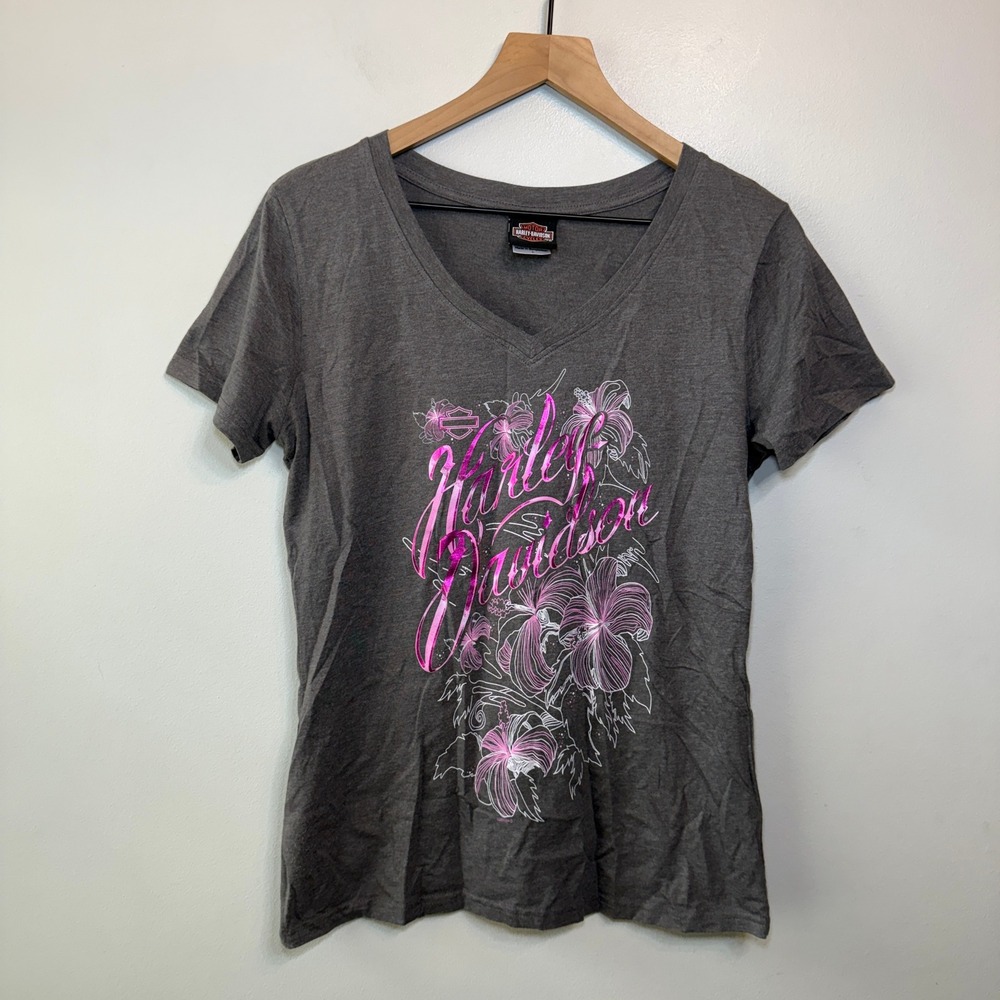 Harley Davidson Honolulu Hawaii V-Neck Graphic Tee Grey Pink Floral Size Large